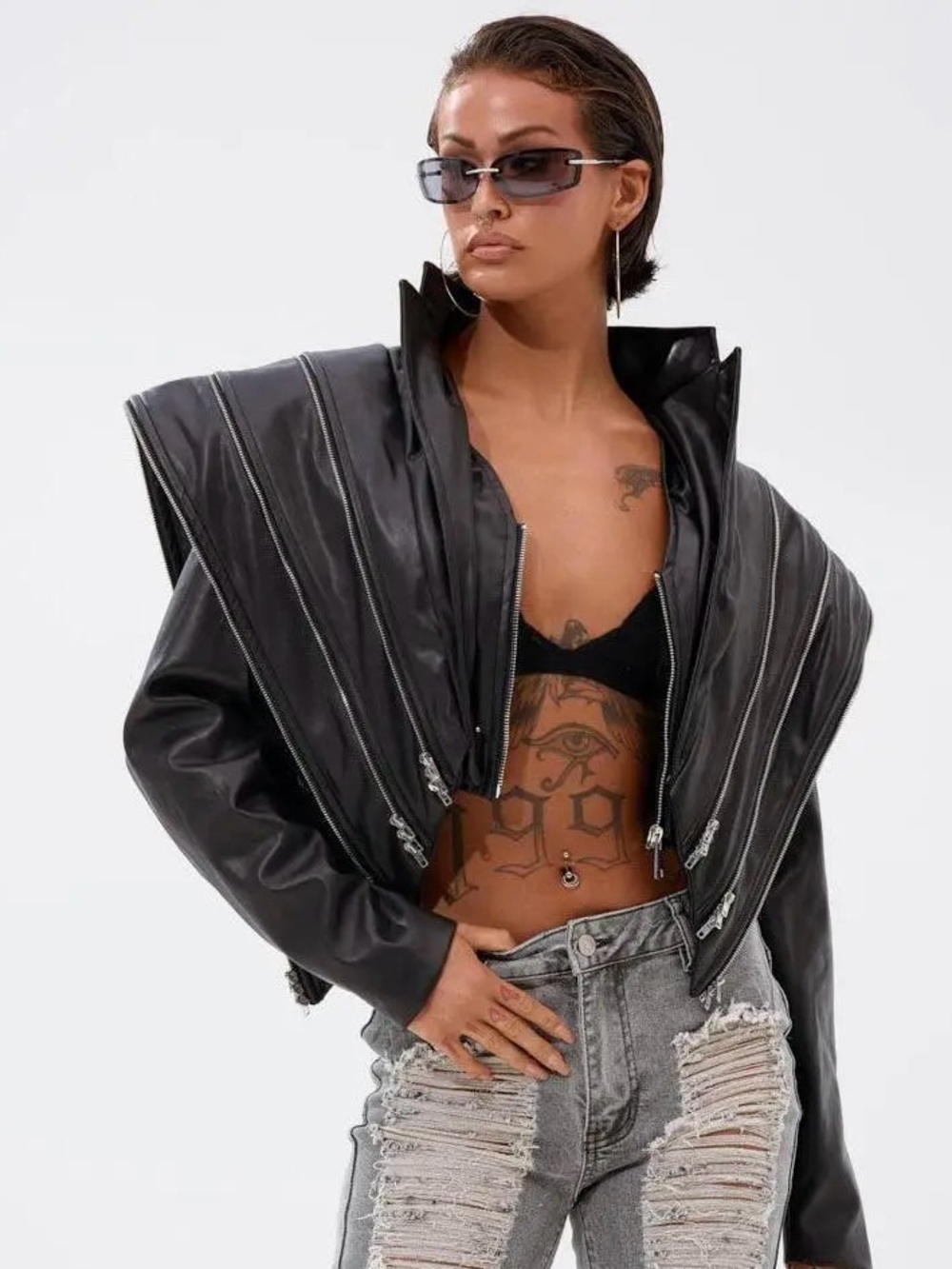 AKIRA Black Zipper-Trim Dramatic Shoulder Leather Jacket